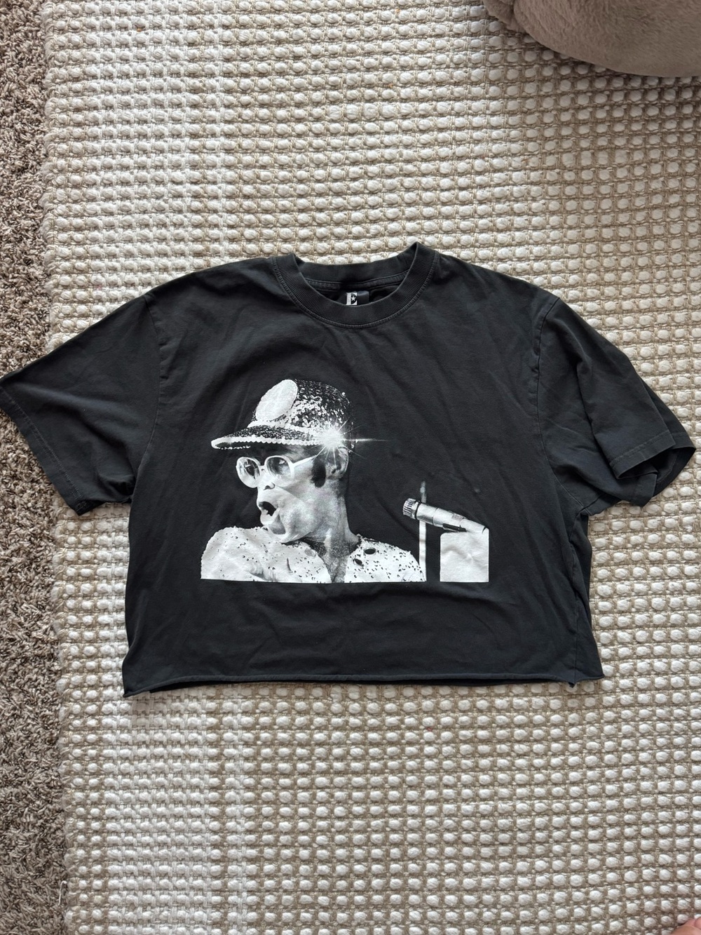 Black Cropped Graphic Tee with Elton John portrait